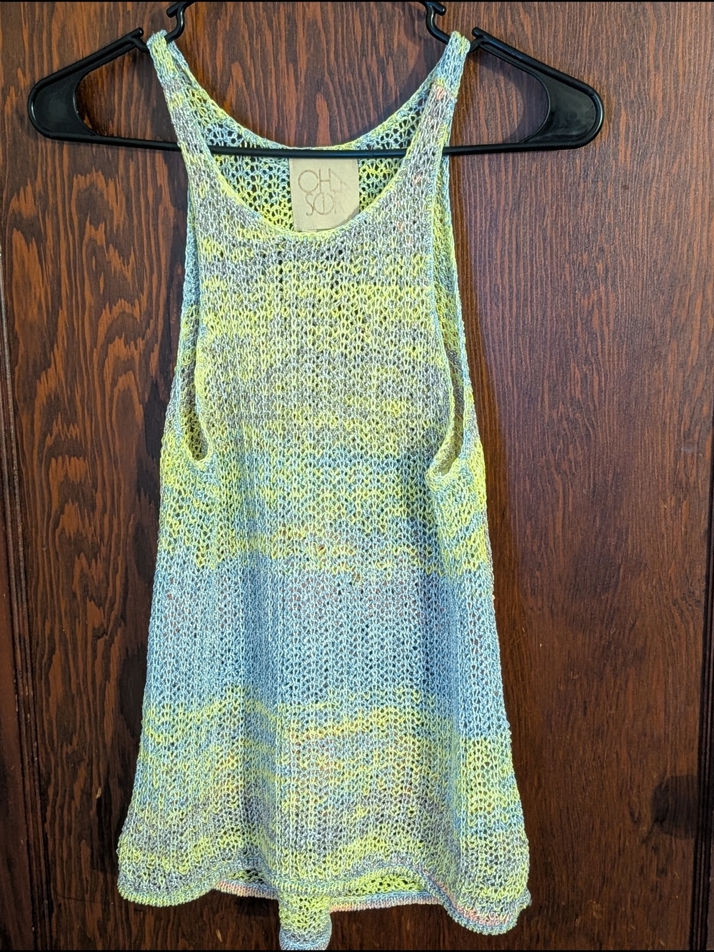 Chaser Open Knit Racerback Tank in Pale Blue & Lemon